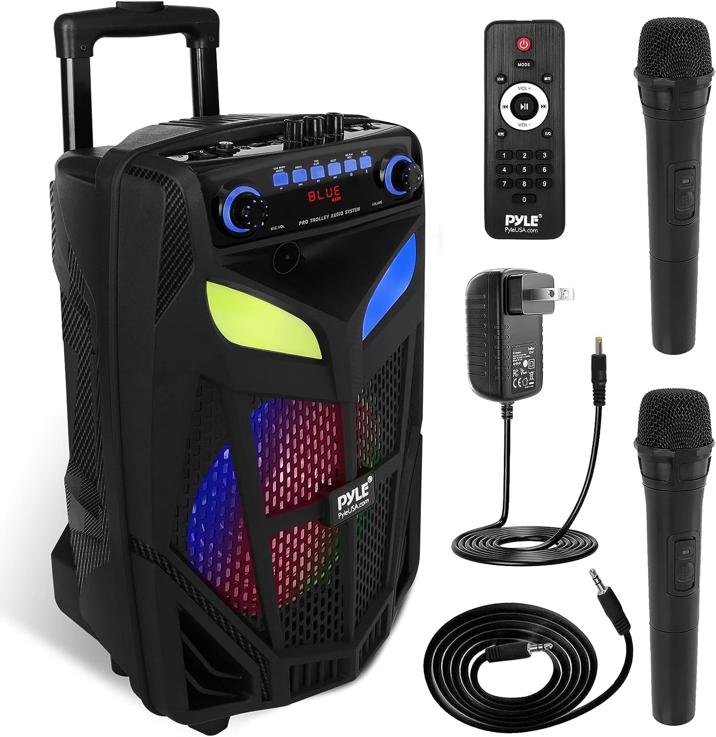 Portable Bluetooth PA Speaker System - A 600W 10-Inch Outdoor Bluetooth Speaker that comes with 2 Wireless Microphones, Party Lights, USB and SD Card Reader, FM Radio, Rolling Wheels for easy transport, and a Remote Contro