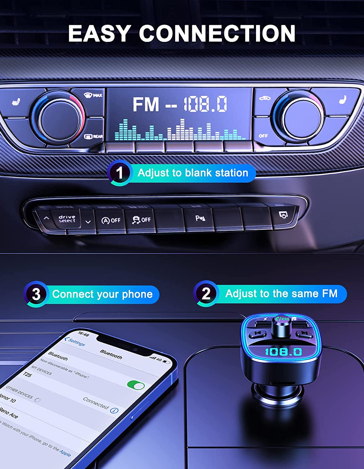 Bluetooth 5.0 FM Transmitter with Ambient Light, Dual USB Ports, Hands-Free Calling, and SD Card/USB U-Disk Support