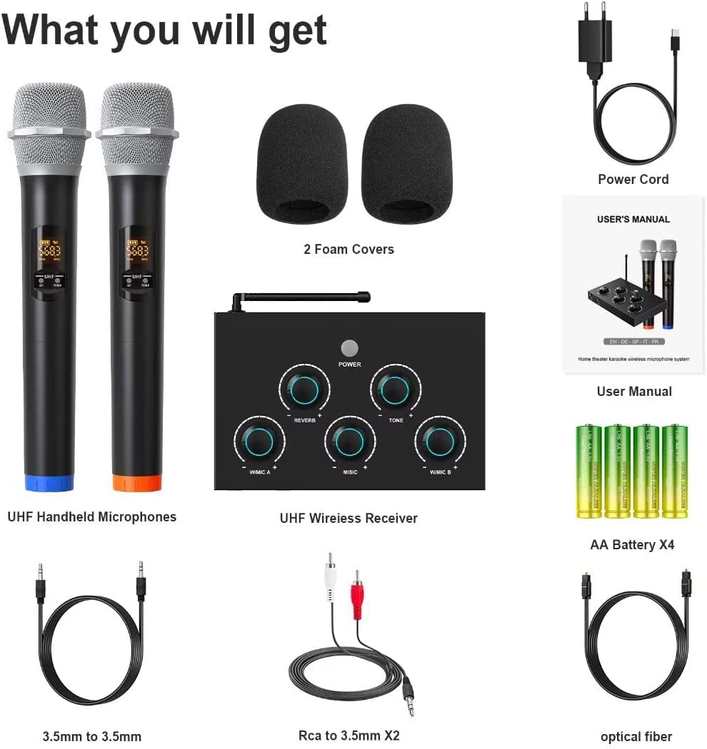 Portable Karaoke Microphone Mixer System Set, with Dual UHF Wireless Mic, HDMI-ARC/Optical/AUX & HDMI in/Out in Singing Receiver for Smart TV, PC, KTV, Home Theater, Amplifier, Speaker