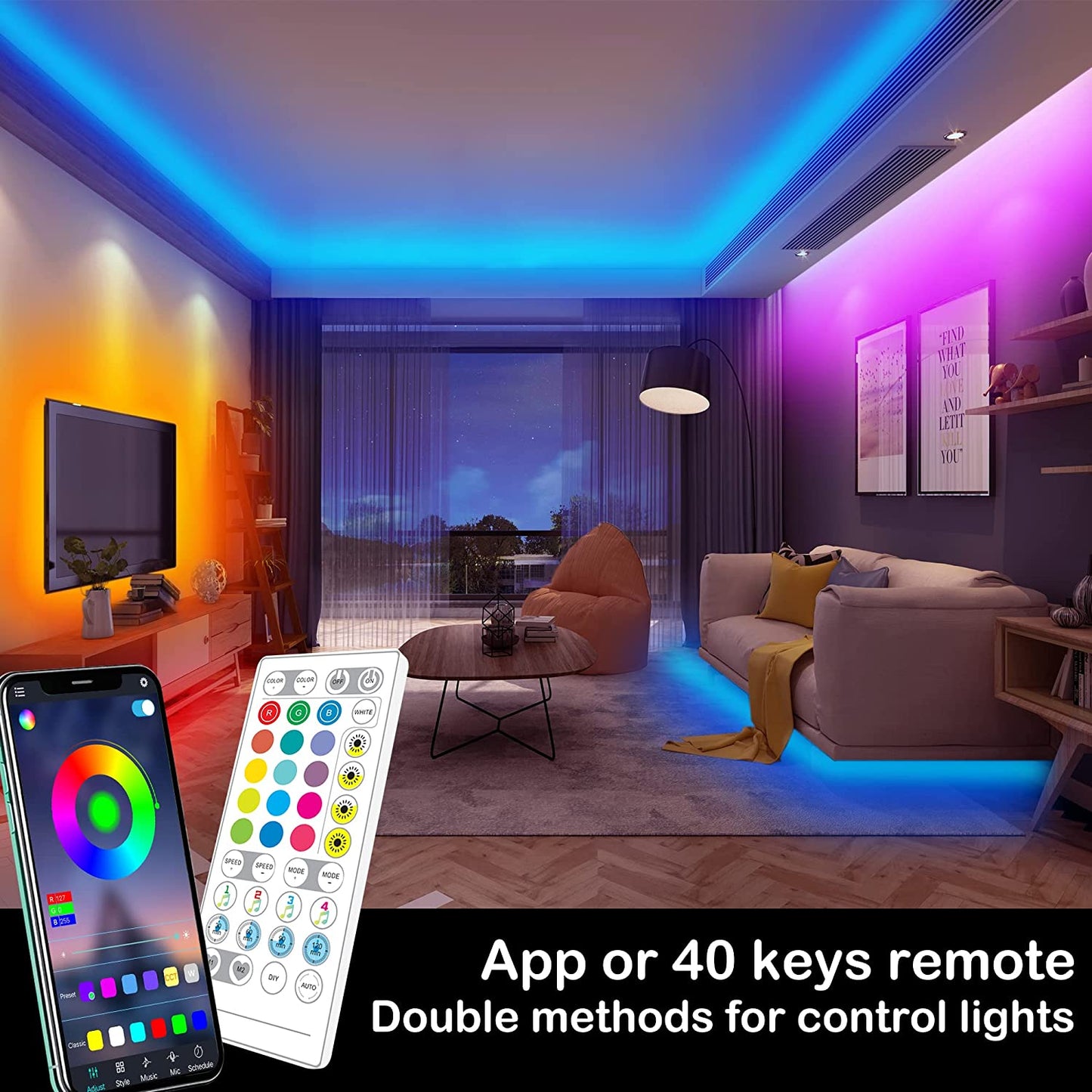 Music Sync LED Lights Strip for Bedroom: 130Ft/40M App Controlled Bluetooth LED Lights Rope, 16 Million Color Changing, Remote Control, Sensitive Built-In Mic, 5050 RGB LED Light Strips