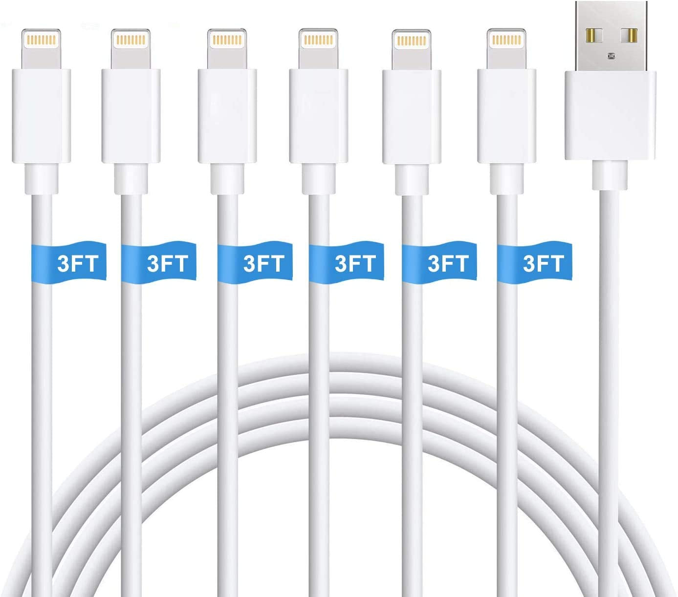 6-Pack 3FT Lightning Cable for iPhone - Compatible with iPhone Xs MAX XR X 8 8Plus 7 7Plus 6s 6sPlus 6 6Plus SE 5 SE, iPad, iPod & More - White