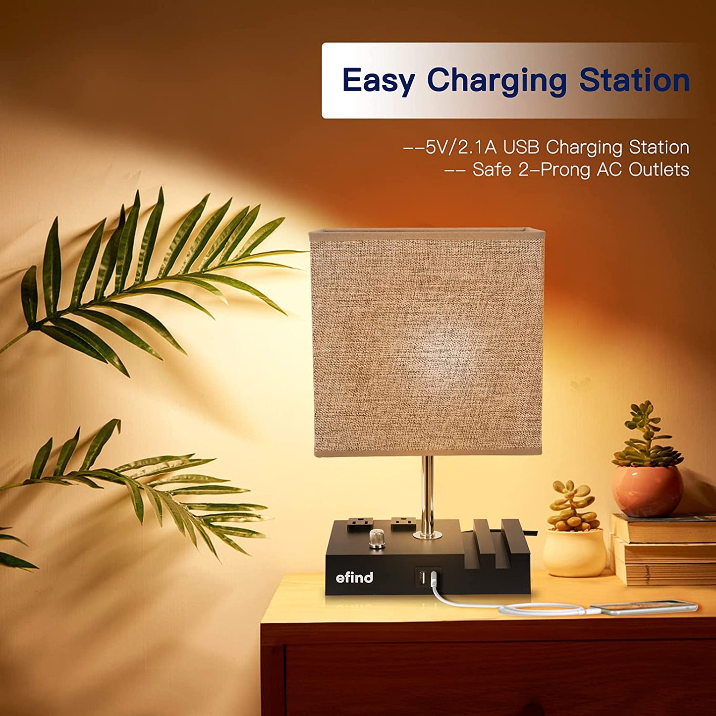 Bedroom and Home Office Table Lamp - Equipped with 2 USB Charging Ports, 2 AC Outlets, and 2 Phone Stands.