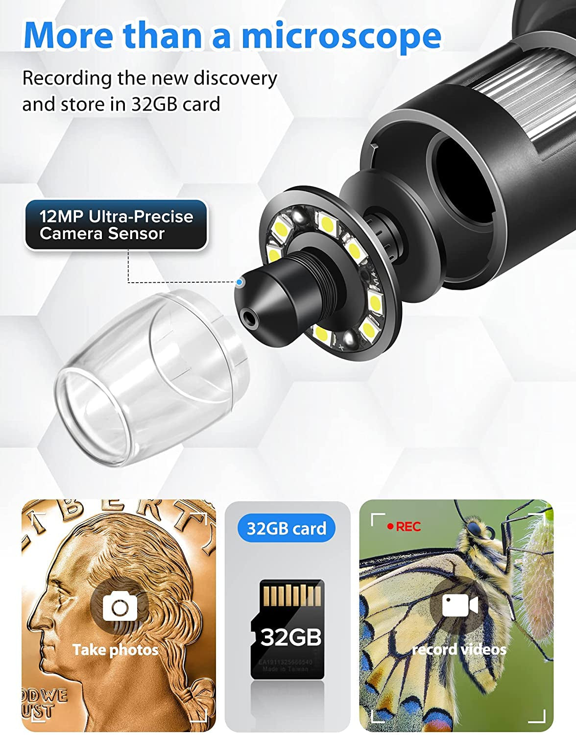 Digital Microscope 7" 1200X, 12MP 1080P Photo/Video Microscope with 32GB TF Card for Soldering, Coins, Metal Stand, Wired Remote, 10 LED Fill Lights, PC View, Windows/Mac Compatibility