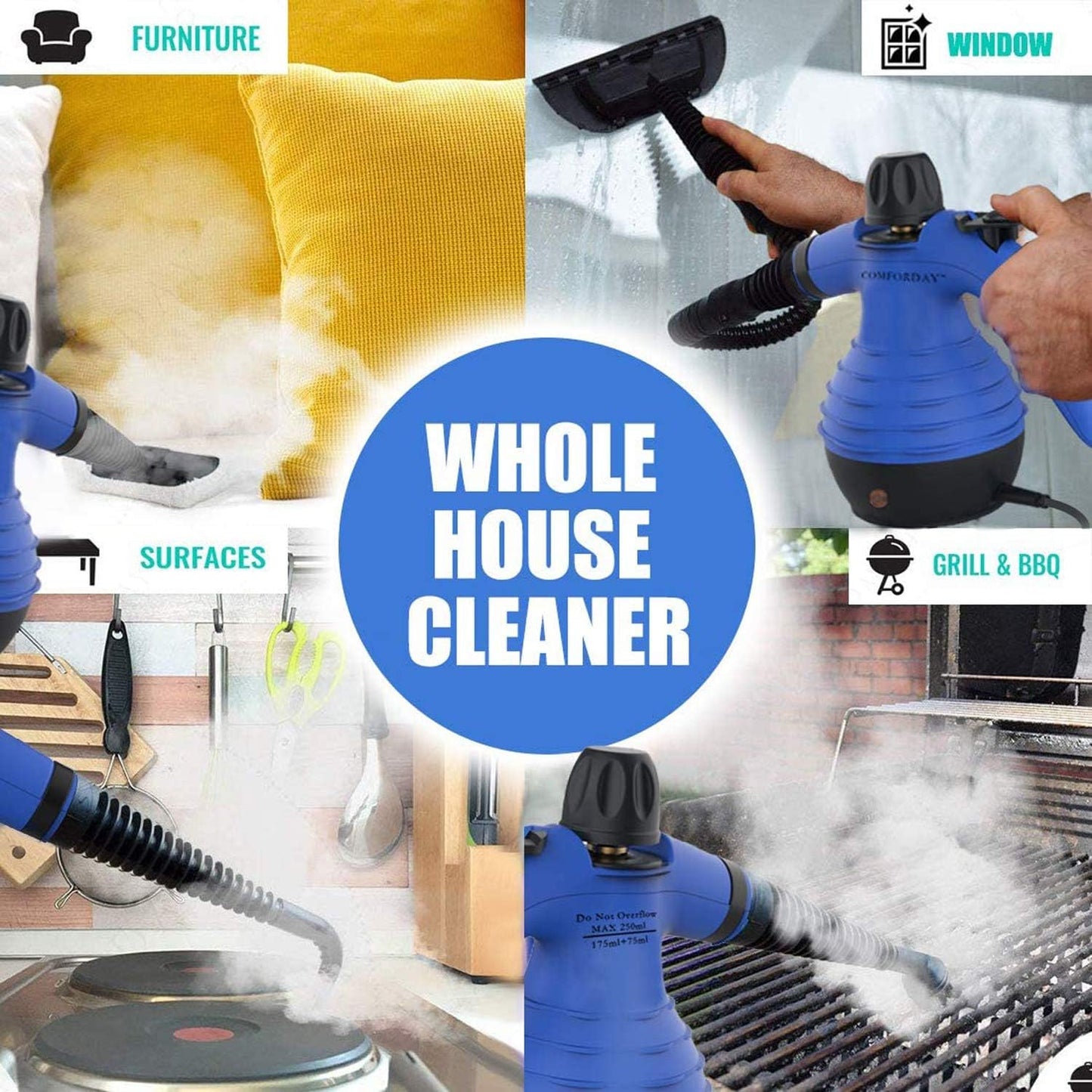 Handheld Steam Cleaner - Versatile Steamer with Safety Lock for Efficient Stain Removal, Carpet Cleaning and 9 Additional Accessories for Effective Hard Surface Cleaning