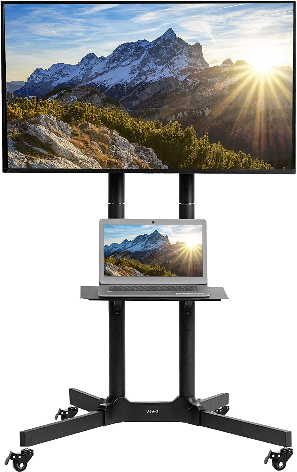 Mobile TV Cart for Screens 32 to 83 inches, Supports up to 110 lbs, Compatible with LCD, LED, OLED 4K Smart Flat and Curved Panels, Rolling Stand with Laptop DVD Shelf, Locking Wheels, Max VESA 600x400, Black Finish