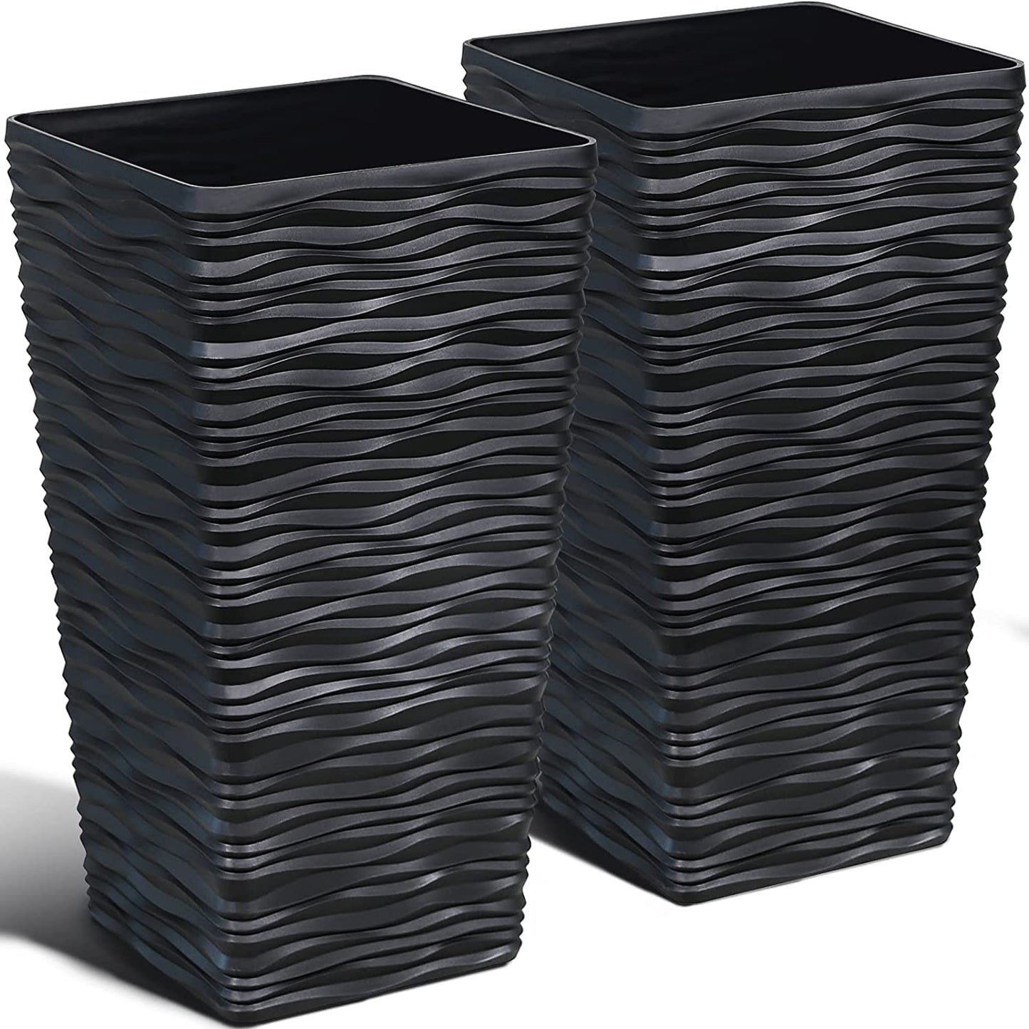 Large Square Planters for Outdoor and Indoor Resin Tree Planting - 22 Inch Modern Matte Wavy Finish Decorative Black Containers - Set of 2