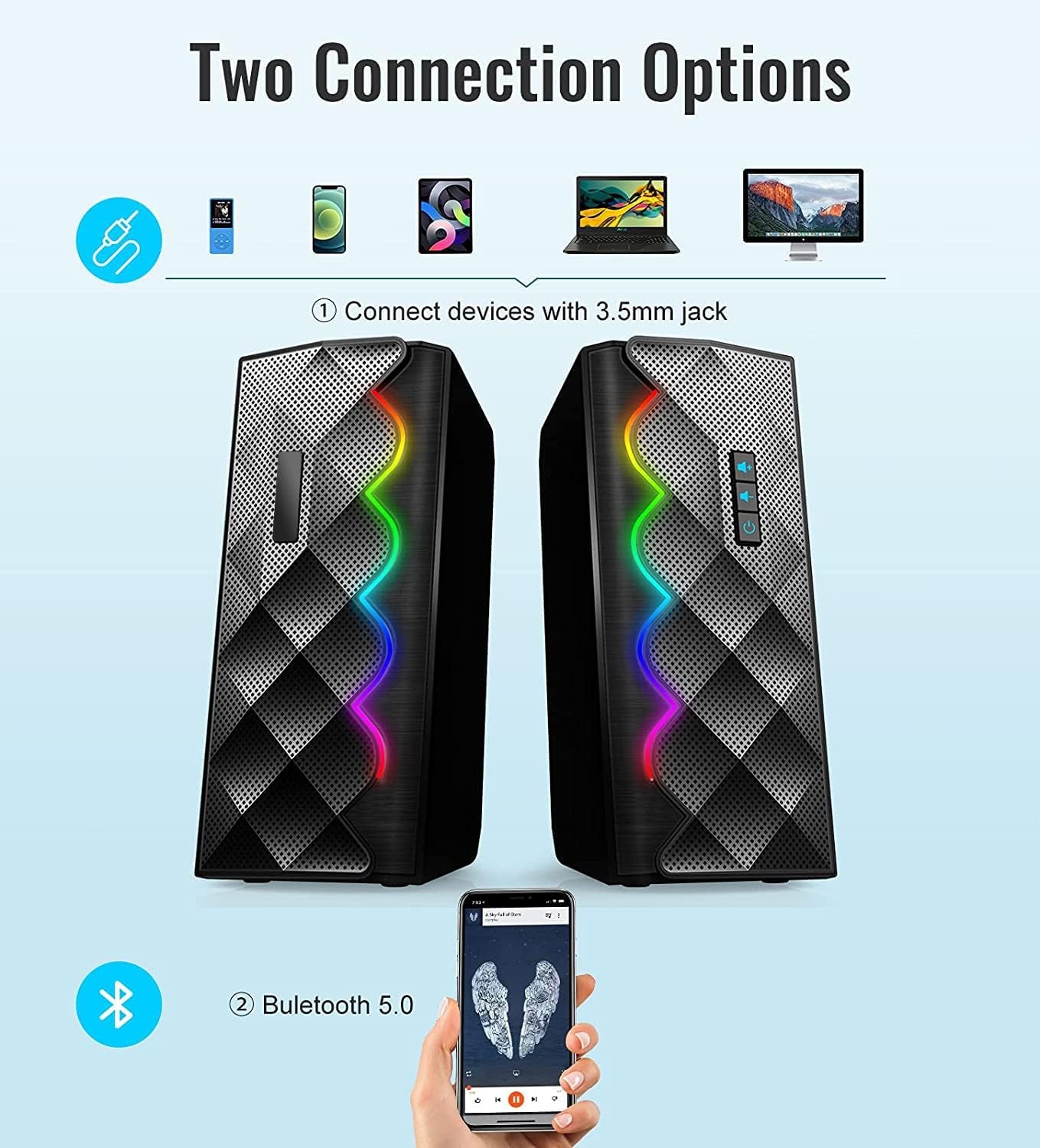 RGB Gaming PC Speaker: 10W Computer Speakers with 6 RGB LED Backlights, Stereo Bass, and support for USB and 3.5mm Cable & Bluetooth connectivity. Compatible with Laptops, Desktops, Tablets, Smartphones, Monitors, and more.