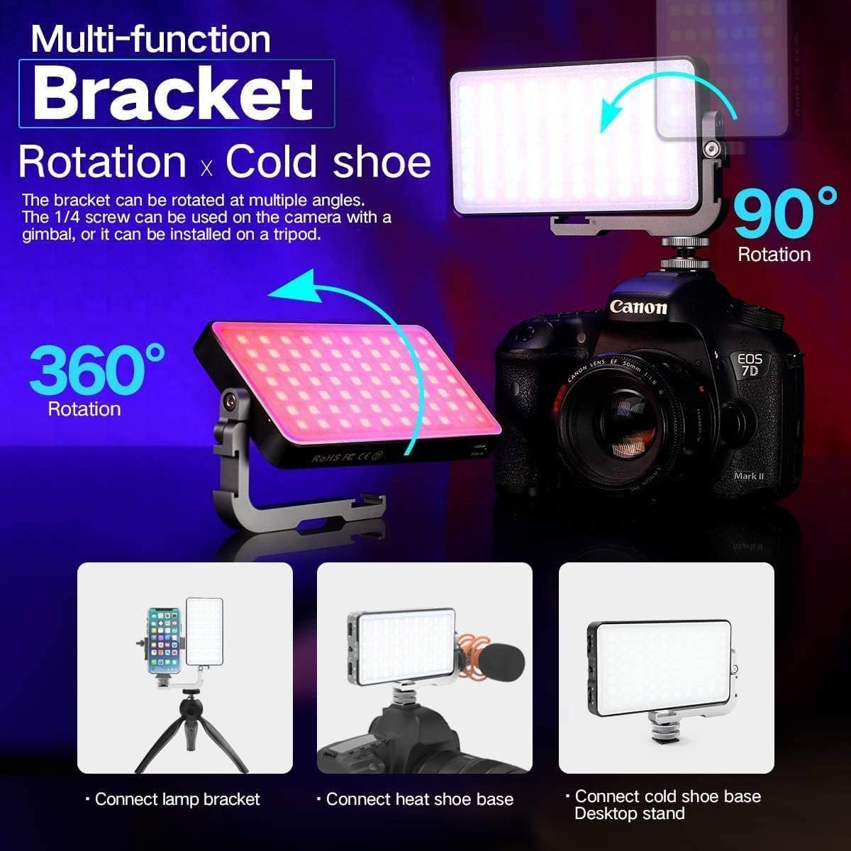 Pocket RGB Camera Light with Rechargeable Battery, Full Color Gamut, and Adjustable Stand
