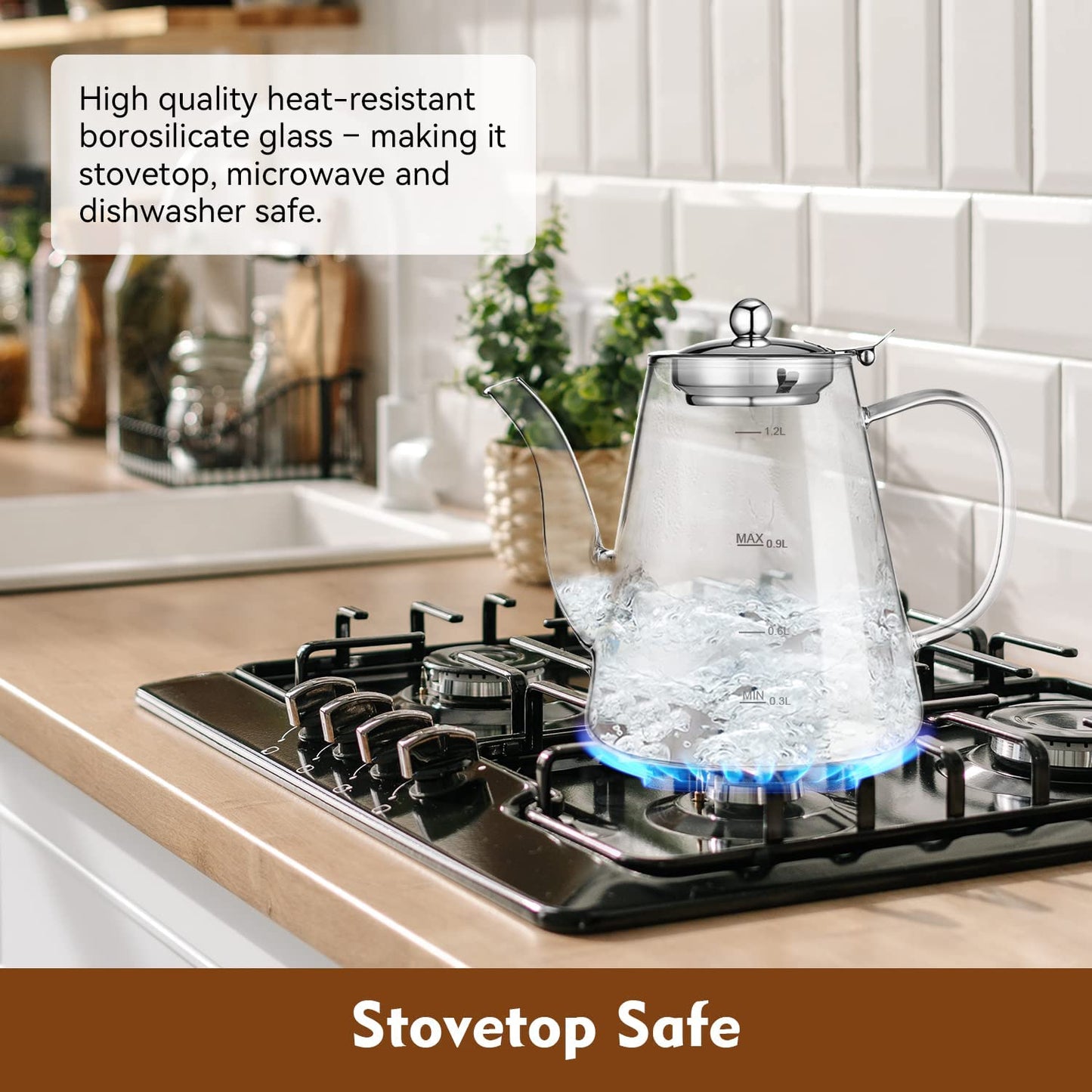 Glass Teapot 1200ml - Comes with Removable Loose Tea Infuser - Made from Borosilicate Glass - Features Scale Line - Stovetop Safe - Suitable for Blooming Tea and Other Teas - Presented in a Gift Box, Perfect for Tea Enthusiasts.