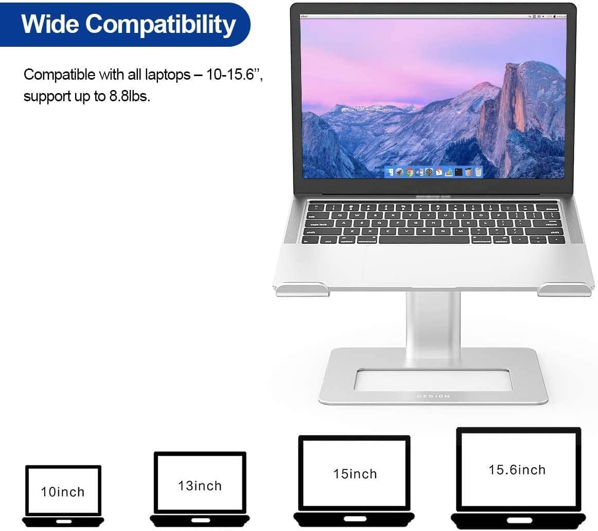 Aluminum Laptop Stand - Ergonomic Adjustable Notebook Stand for 10-15.6" Laptops - Riser Holder Computer Stand Compatible with Air, Pro, Dell, HP, Lenovo - Silver