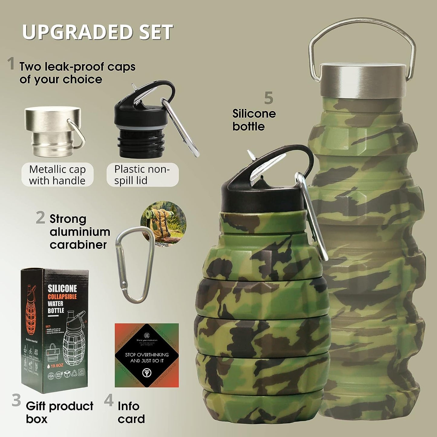 20 oz Camo Collapsible Water Bottle with 2 Lids, Carabiner, and Box - Ideal for Hiking, Camping, and as a Gift for Men - Portable Army Military-style Gym Bottle.
