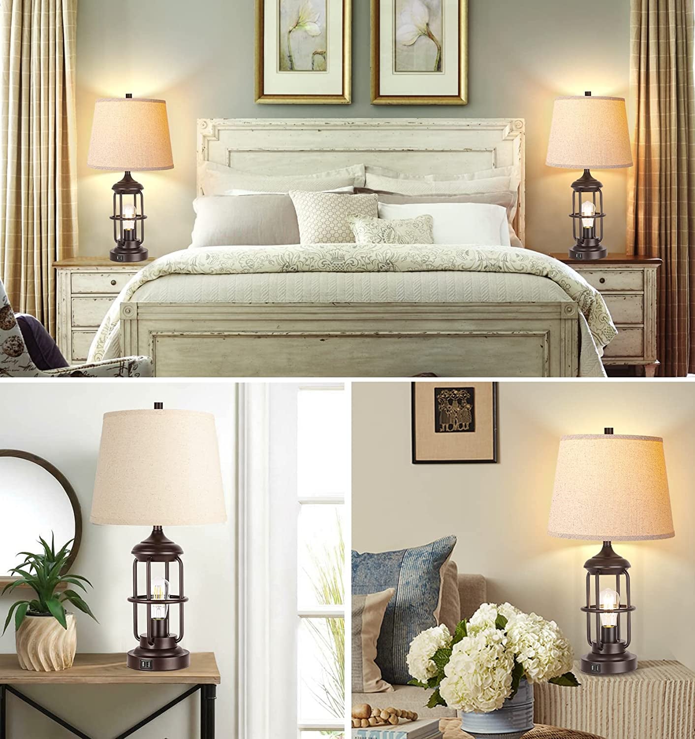 Set of 2 Table Lamps with USB Ports, Touch Control and 3-Way Dimming, Including 2 LED Night Lights, for Farmhouse Rustic Nightstand Decor in Living Room and Bedroom (Includes 2700K Bulbs)