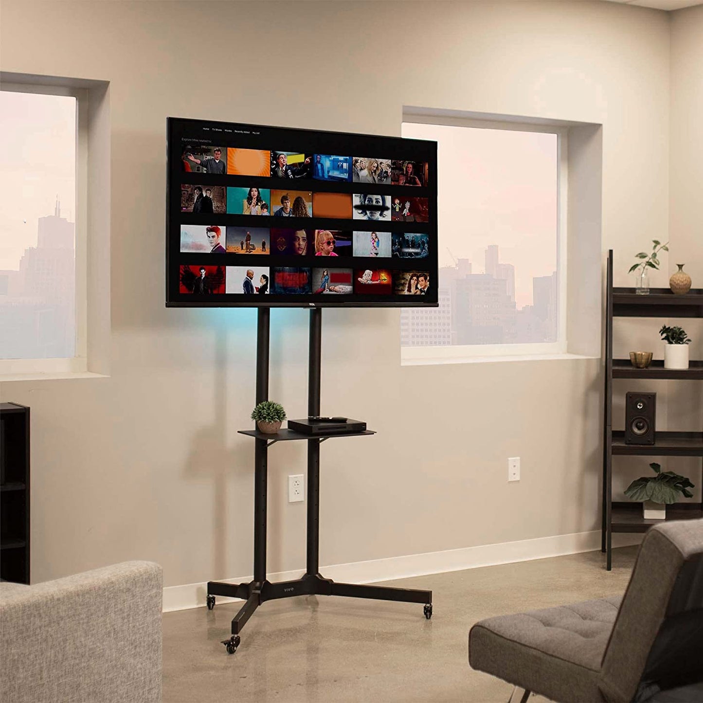 Mobile TV Cart for Screens 32 to 83 inches, Supports up to 110 lbs, Compatible with LCD, LED, OLED 4K Smart Flat and Curved Panels, Rolling Stand with Laptop DVD Shelf, Locking Wheels, Max VESA 600x400, Black Finish