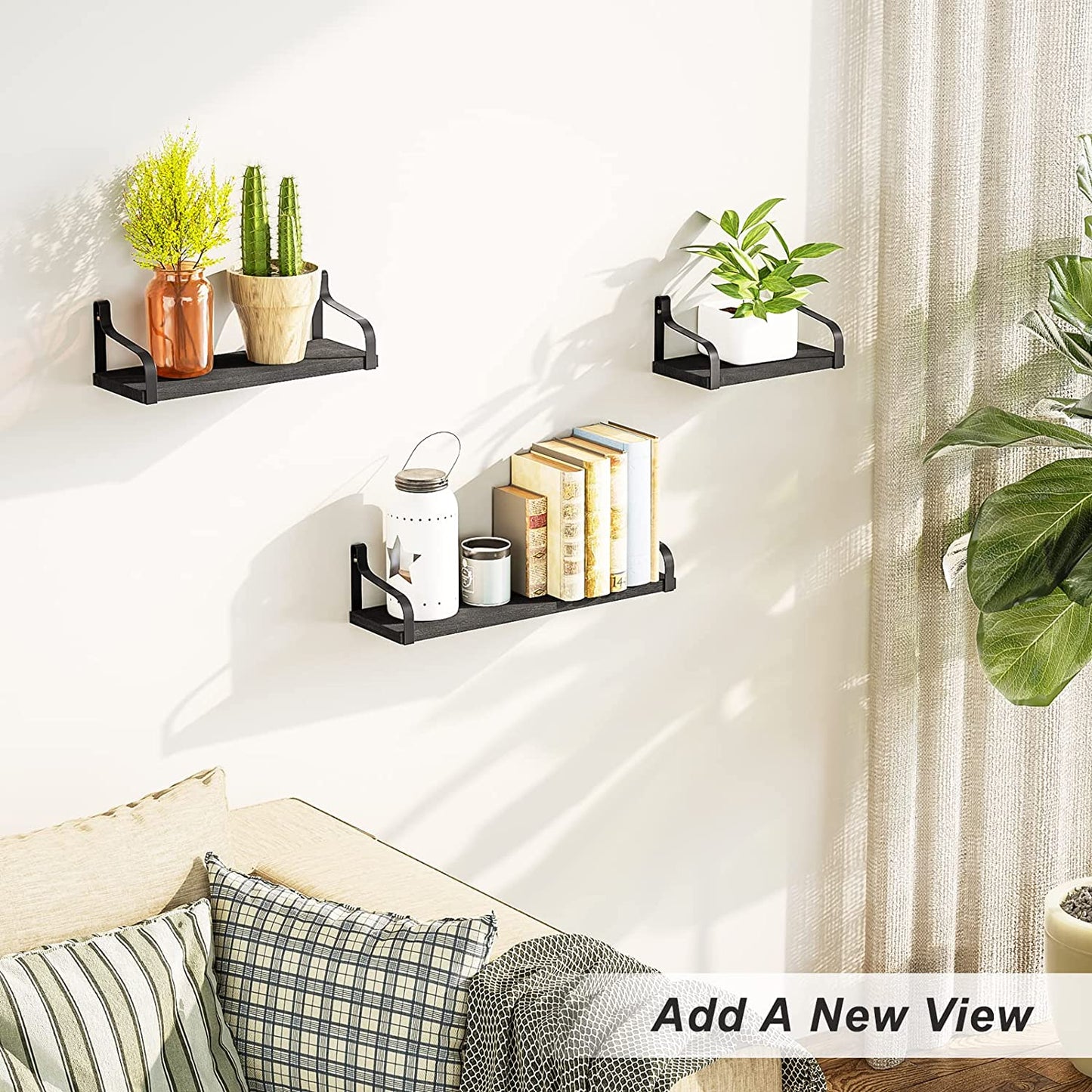 Set of 3 Floating Shelves - Wall Mounted - Rustic Wood Design - Suitable for Bedroom, Living Room, Bathroom, and Kitchen - Color: Black - Adds Stylish Wall Storage.