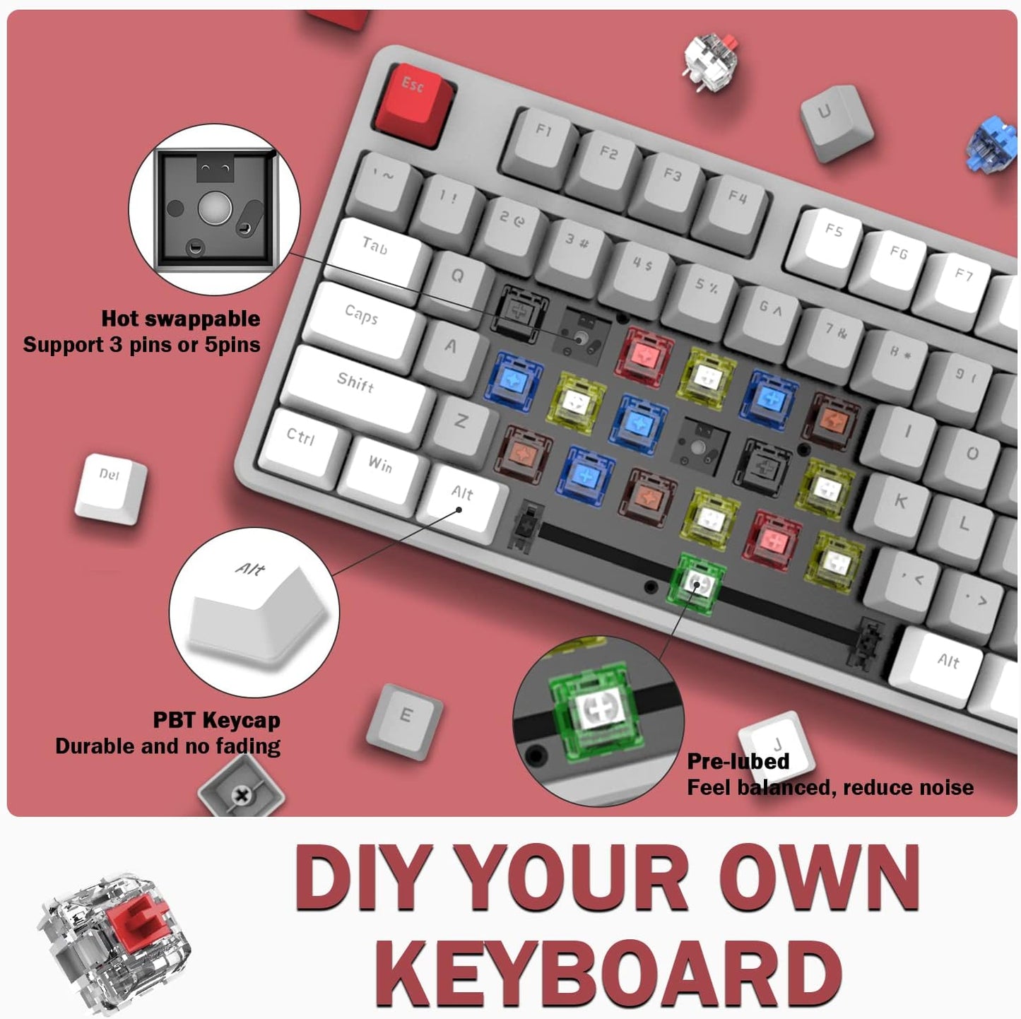 AK873 Wired 87 Key TKL Mechanical Gaming Keyboard - Rainbow Backlit, Hot-Swap Linear Red Switch, NKRO, Gasket, Custom Coiled Aviator USB-C to USB-A Cable. Designed for Win, PC, Mac, PS4, Switch, Xbox Gamers White Grey
