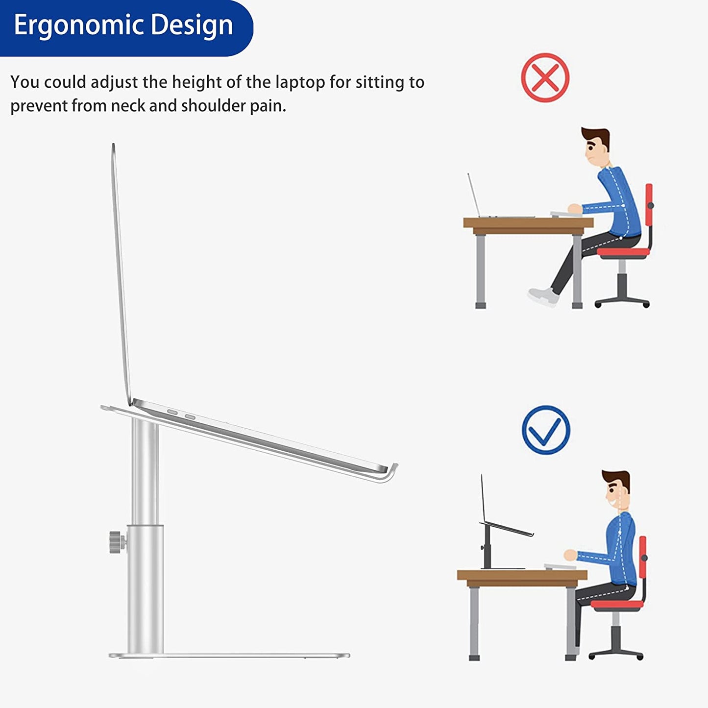 Aluminum Laptop Stand - Ergonomic Adjustable Notebook Stand for 10-15.6" Laptops - Riser Holder Computer Stand Compatible with Air, Pro, Dell, HP, Lenovo - Silver