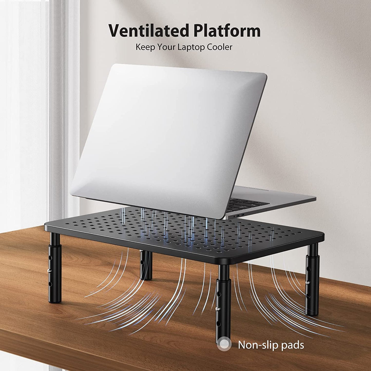 Adjustable Monitor Riser Stand - Height Adjustable Computer Stand with Metal Vented Platform, Underneath Storage, and Desk Organizer for Office and Home Use