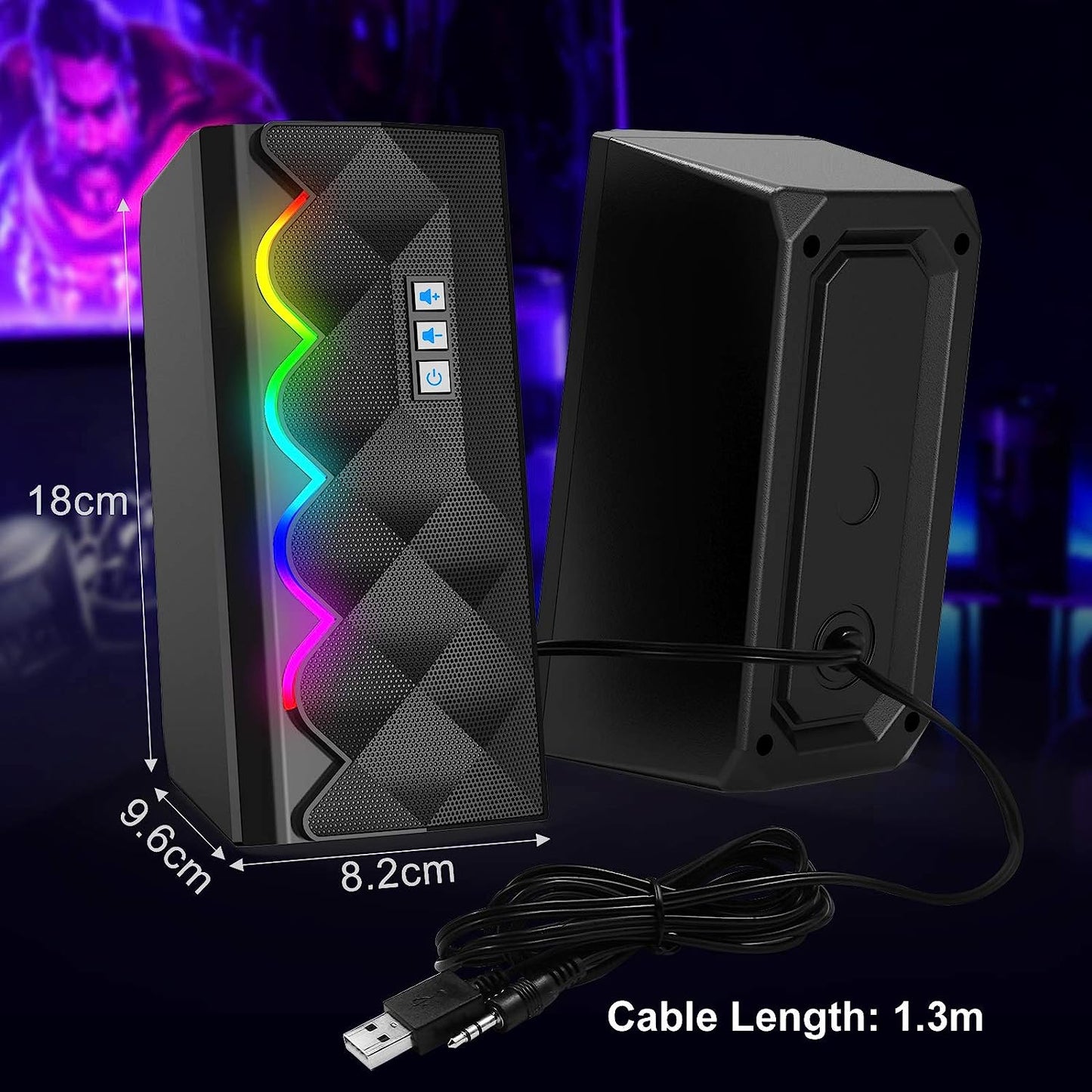 RGB Gaming PC Speaker: 10W Computer Speakers with 6 RGB LED Backlights, Stereo Bass, and support for USB and 3.5mm Cable & Bluetooth connectivity. Compatible with Laptops, Desktops, Tablets, Smartphones, Monitors, and more.