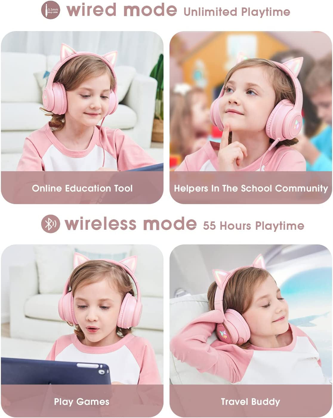 Cat Ear LED Light up Bluetooth Kids Headphones: Wireless Foldable Over-Ear School Headphones with Microphone, 85dB Volume Limiting, HI-FI Sound, for iPhone/iPad/Laptop/PC, Toddlers Study Headphones