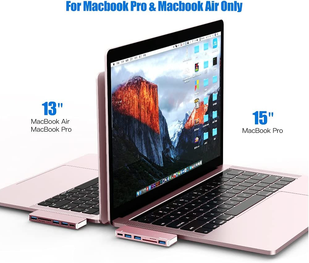 6-in-1 USB-C Hub Adapter for MacBook Pro/Air 2020-2018, Compatible with MacBook Pro 13" and 15", with 3 USB 3.0 Ports, TF/SD Card Reader, Power Delivery - Pink