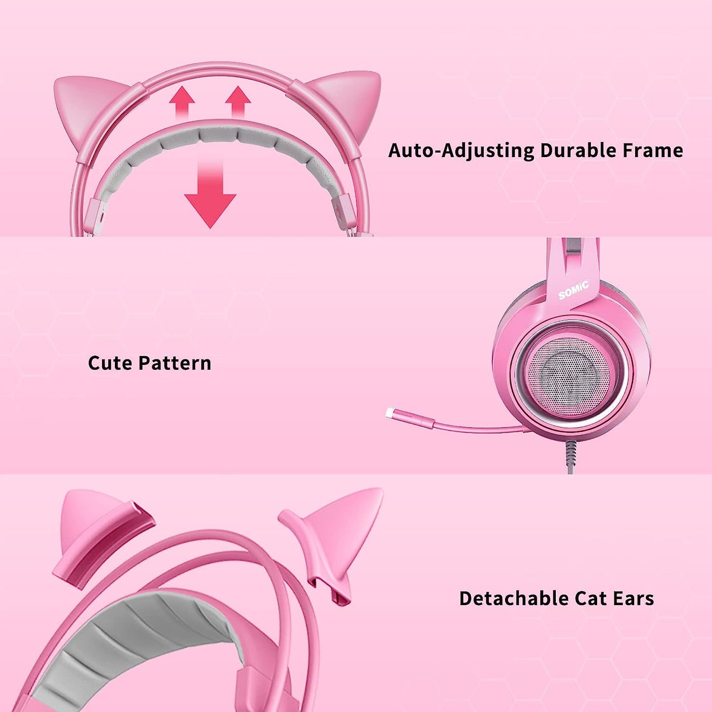 Pink G951S Stereo Gaming Headset, Lightweight over Ear Headphones with Mic. Compatible with PS4, Xbox, PC, and Mobile Phone. Features 3.5mm Noise Reduction and Cat Ear Headphones.