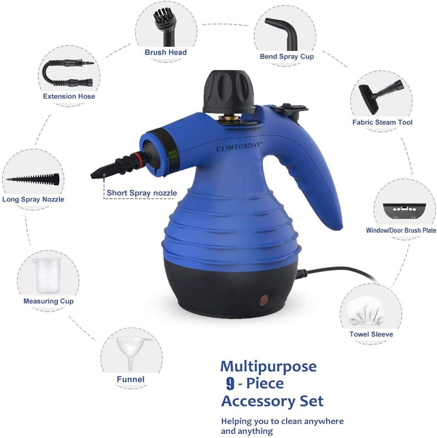 Handheld Steam Cleaner - Versatile Steamer with Safety Lock for Efficient Stain Removal, Carpet Cleaning and 9 Additional Accessories for Effective Hard Surface Cleaning