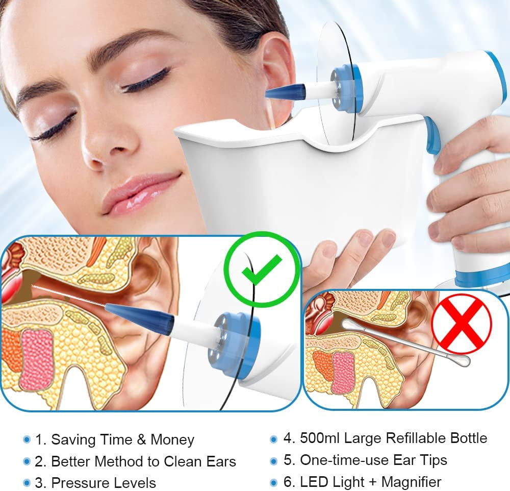 Ear Wax Removal Kit, Rechargeable Ear Irrigation System, and Effective Clean Ear, Features Disposable Tips & Ear Catch Basin (9+1 Disposable Tips)