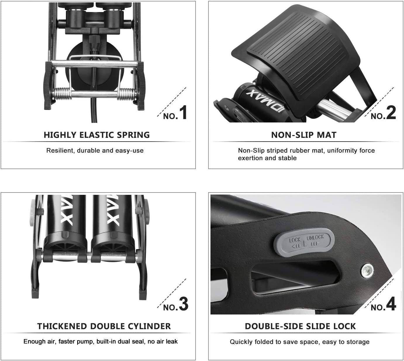 Double Cylinder Bike Floor Pump - Double Barrel Foot Pump - Portable Bicycle Tire Pump with Pressure Gauge & Smart Valve Head - Ideal for Bike Inflation