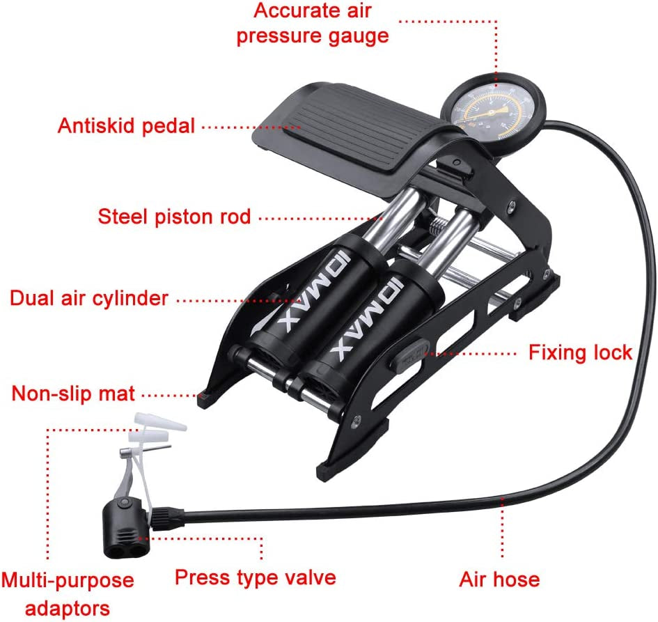 Double Cylinder Bike Floor Pump - Double Barrel Foot Pump - Portable Bicycle Tire Pump with Pressure Gauge & Smart Valve Head - Ideal for Bike Inflation
