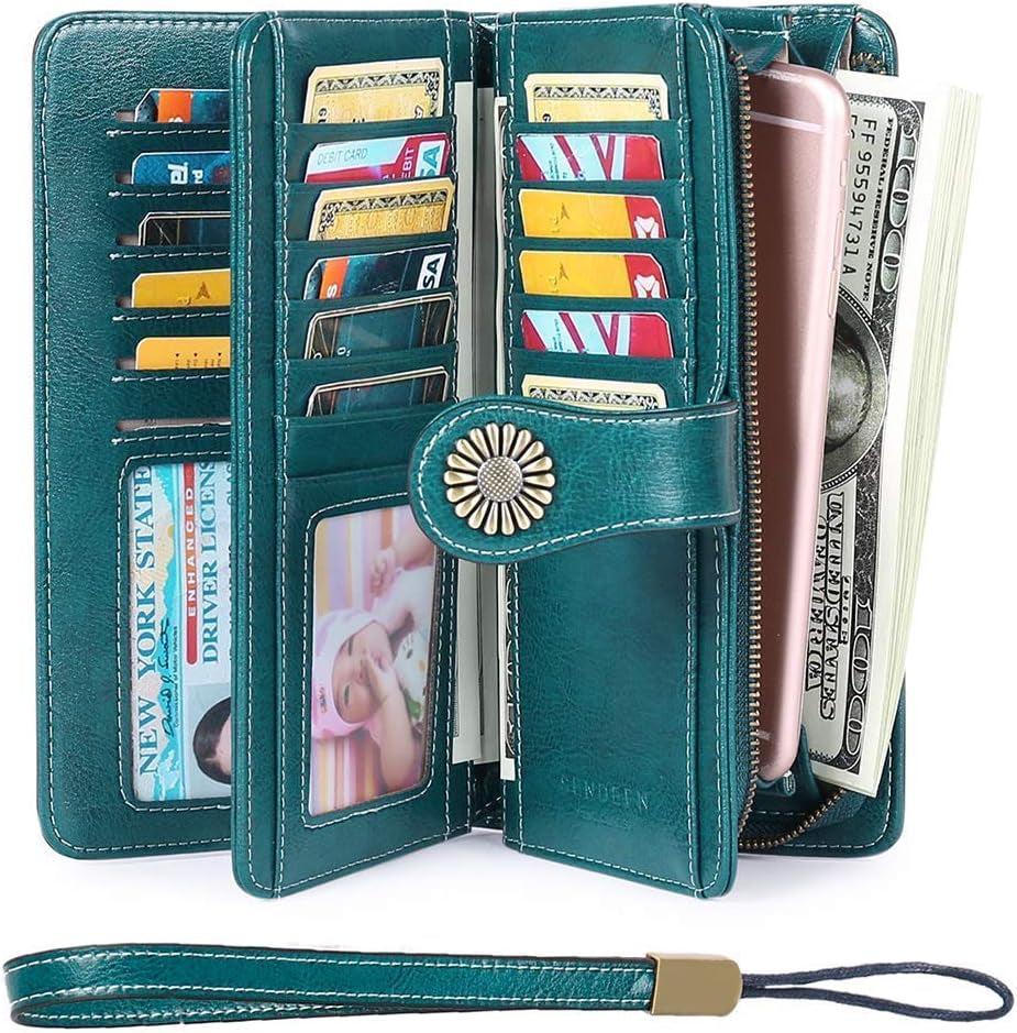 Genuine Leather Women's RFID Blocking Wallet Blue - Clutch Style with Card Holder Organizer and Purse Functionality, Available in Blue; Measures 7.6 x 1.37 x 4.1 inches, Features Zipper Closure, Snap Closure, and Trifold Closure for Added Security.