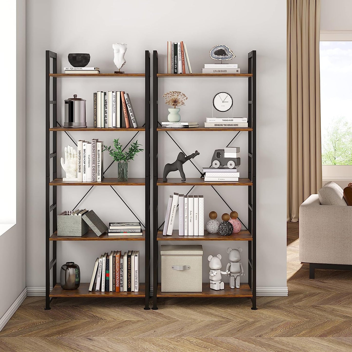 Rustic 5-Tier Industrial Bookshelf - 24x11.8x63 inches, Wood and Metal, Open Shelves, Living Room, Bedroom.