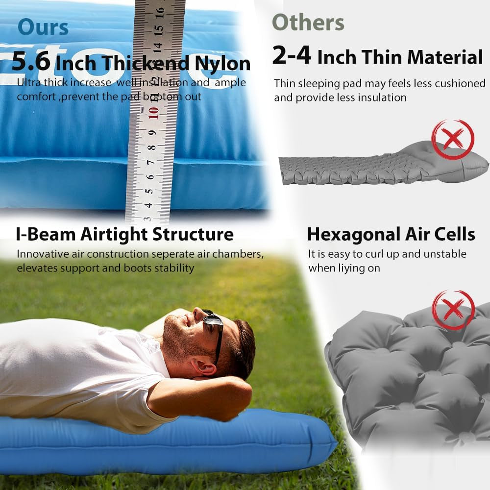 Double Camping Air Mattress - 6.3" Thick Queen Size Inflatable Sleeping Pad for Two People, Ideal for Camping, Tent, and Cot, Blue