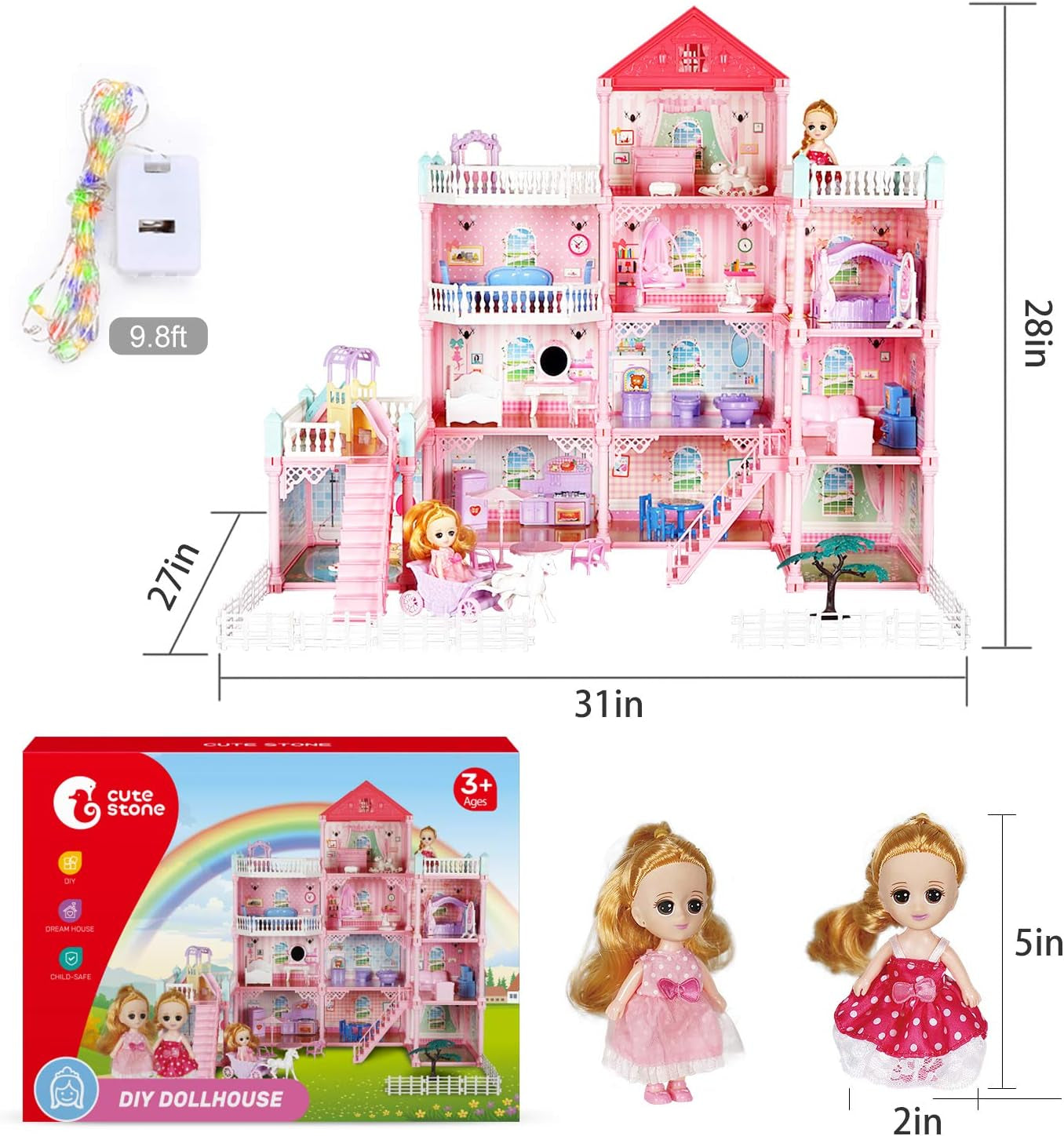 Huge Dollhouse with 11 Rooms - Includes 2 Dolls and Colorful Light, Measures 31" x 28" x 27", a Dream House Doll House Gift for Girls.