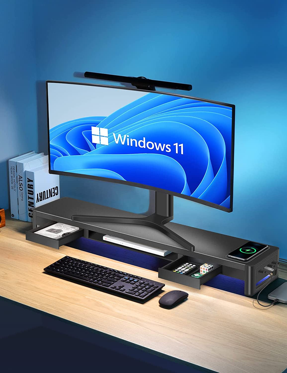 3 In 1 Dual Monitor Stand Riser with Drawers, USB Ports, and Data Transfer Support - Metal Computer Monitor Stand for Enhanced Organization and Device Connectivity - Suitable for PC, Laptop, and iMac