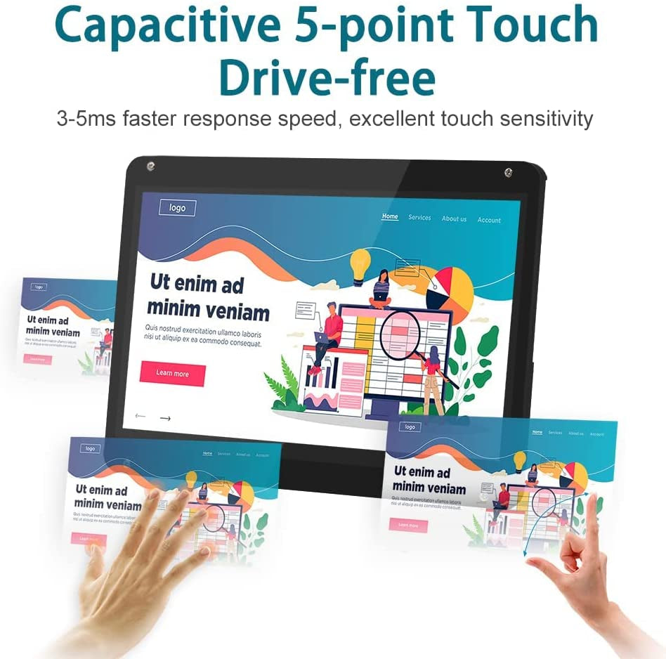 7-Inch Small HDMI Monitor Display with Case and Dual Speakers: 1024x600 IPS Capacitive Touch Screen Display. It's Brightness Adjustable and Compatible with Raspberry Pi 3, 4, B, B+, Windows, and Mac - No Driver Installation Required.