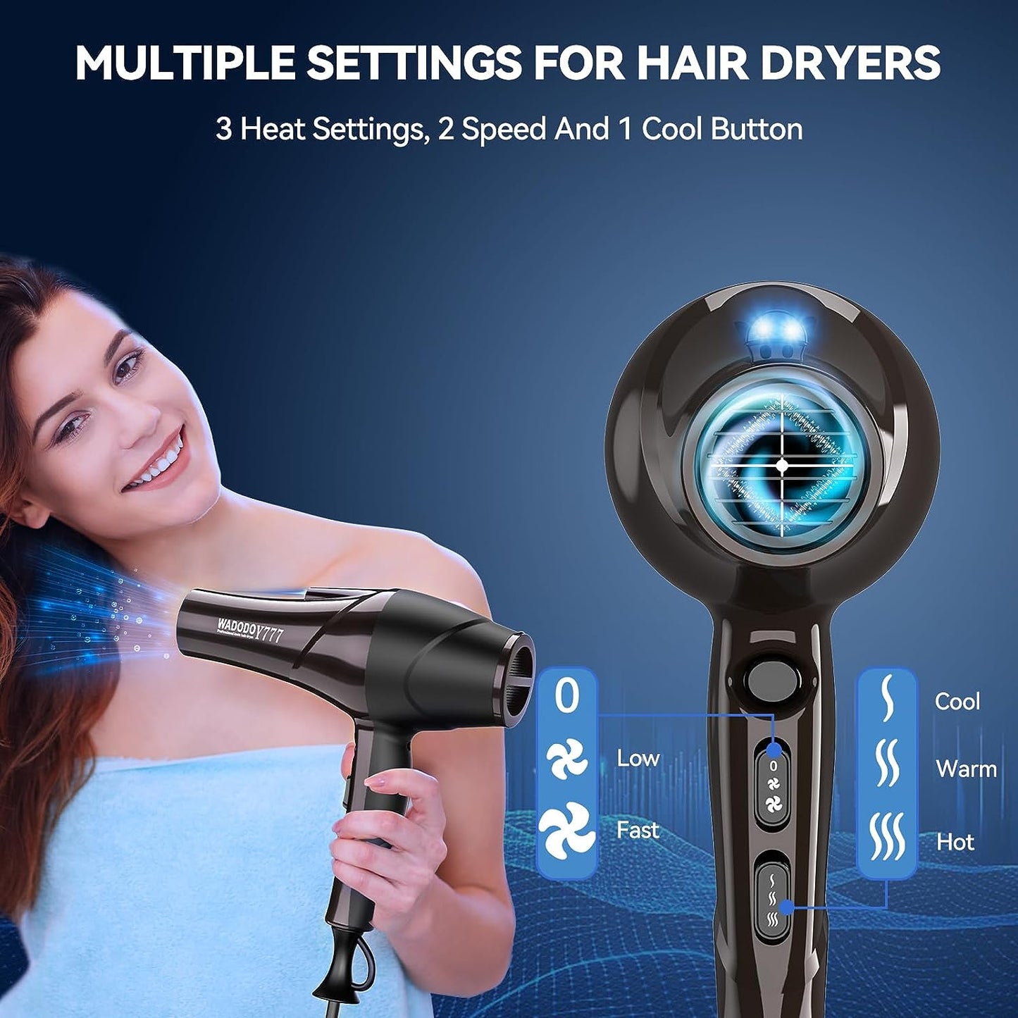 Professional Hair Dryer - 2200W Ionic Blow Dryer with Blue Ray Hair Care, Powerful AC Motor, Fast Drying, Constant Temperature, Low Noise; Suitable for Curly Hair, Ideal for Women and Men, Black Design.