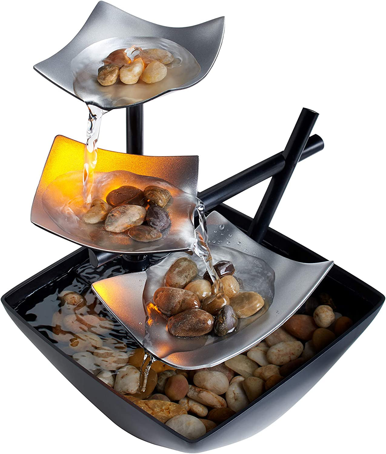 Indoor 3-Tier Tabletop Fountain Automatic Pump with Power Switch, Extra Deep Basin with Natural River Rocks and Reflective Lighting Feature, EnviraScape Silver Springs