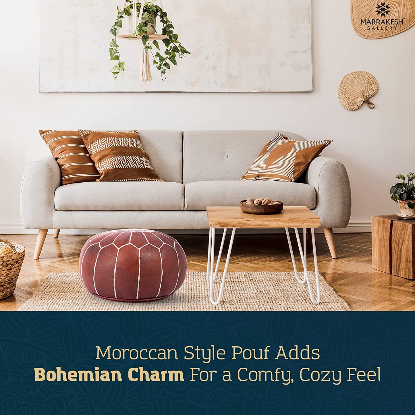 Moroccan Pouf Cover Round & Large (unstuffed)- Ottoman Leather Cover Pouf - Bohemian Living Room Decor - Hassock & Ottoman Footstool - Unstuffed (Round, Dark Brown)