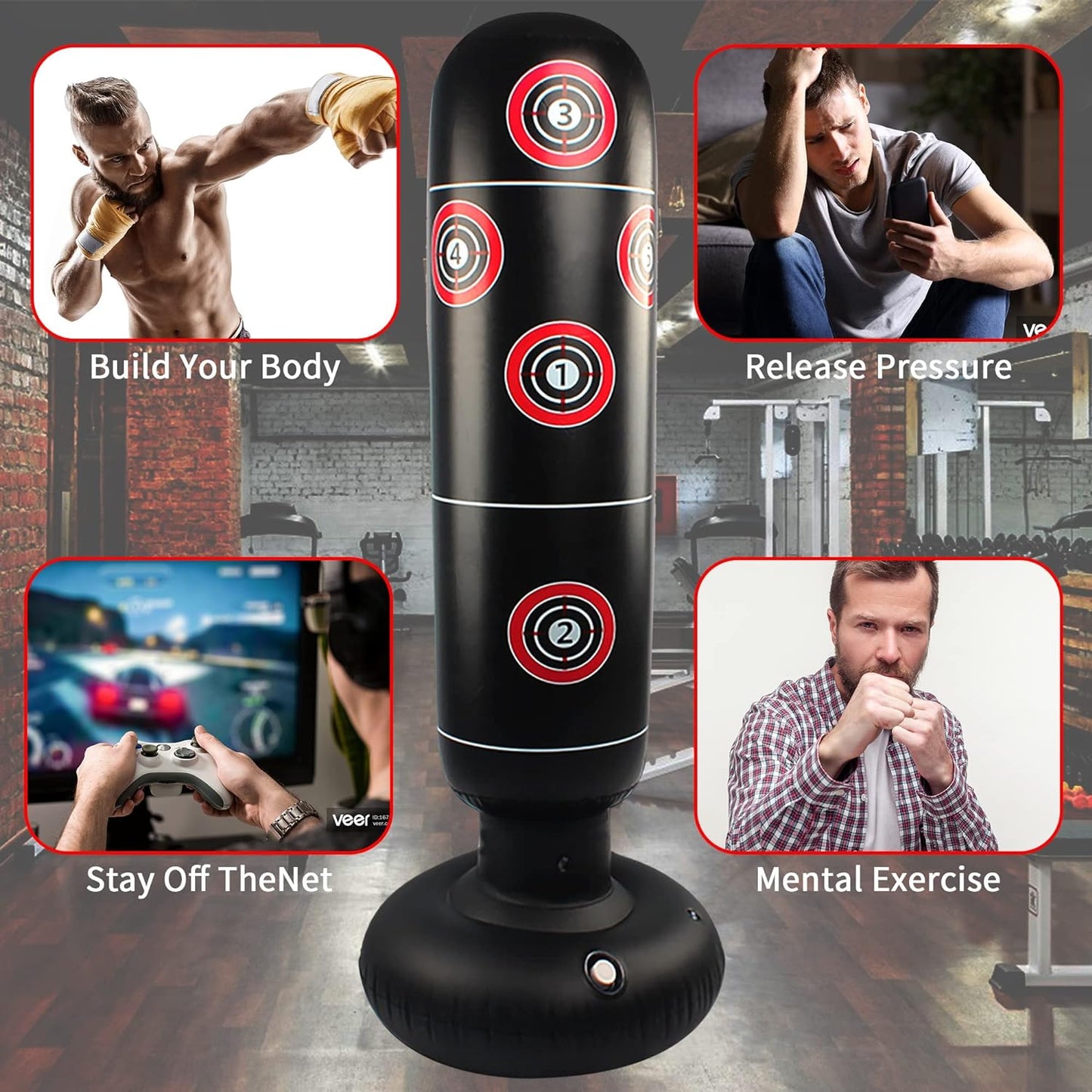 Freestanding Punching Bag for All Ages - 63" Inflatable Kickboxing Bag with Stand for MMA, Muay Thai, and Fitness Training - Suitable for Adults and Kids - Durable and Stylish Black Design