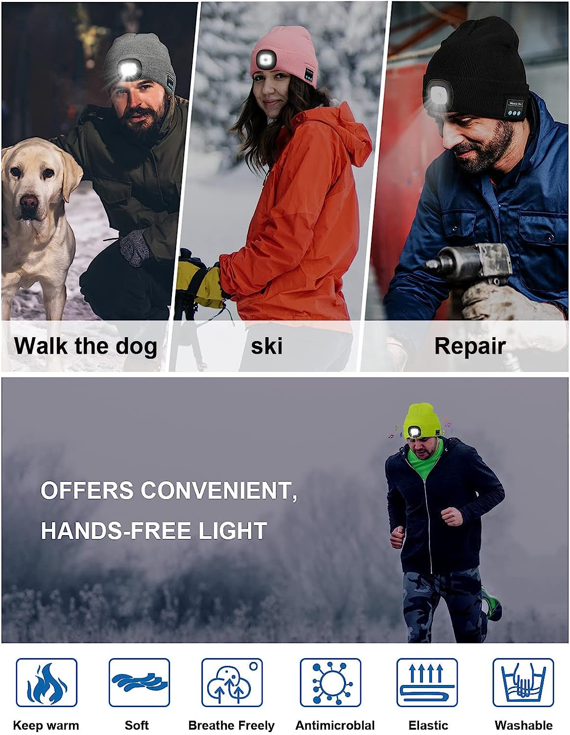 Unisex Bluetooth Beanie Hat with Light, 4 LED USB Rechargeable Knit Music Hat with Wireless Headphones, Tech Gadgets Gifts for Men, Dad, Husband, Teen, Boyfriend, Him, Stocking Stuffers