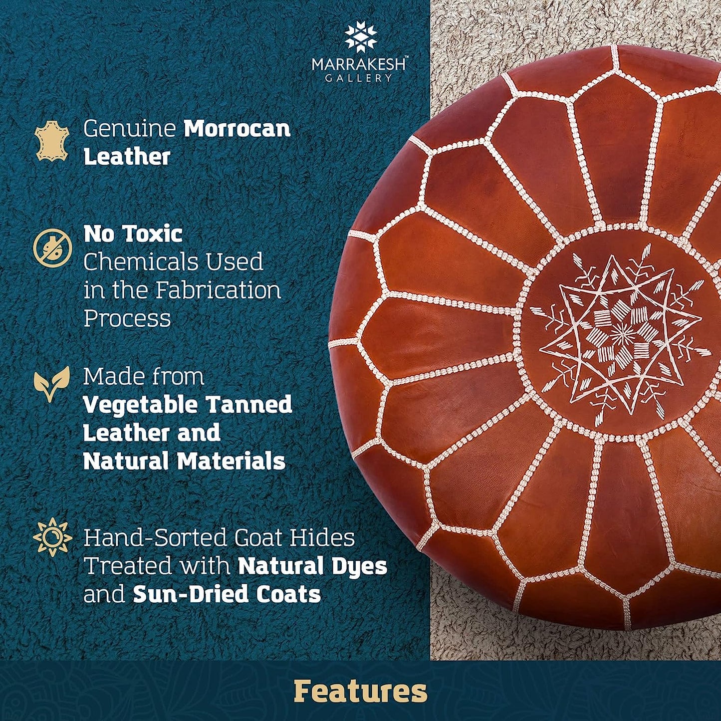 Moroccan Pouf Cover Round & Large (unstuffed)- Ottoman Leather Cover Pouf - Bohemian Living Room Decor - Hassock & Ottoman Footstool - Unstuffed (Round, Dark Brown)