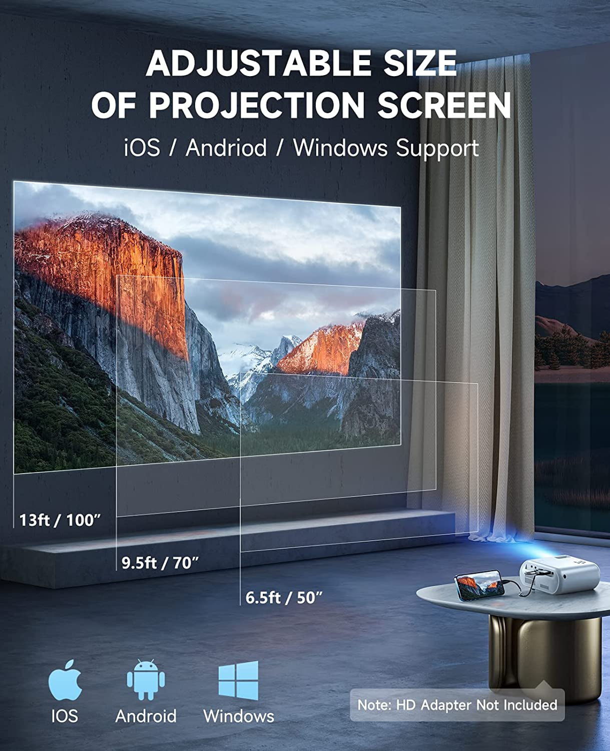 Portable Mini Projector - Enjoy Outdoor Movies with 9000 Lux Full HD 1080P Projection. Compatible with iOS/Android Phones, Tablets, Laptops, PCs, TV Sticks, Boxes, USB Drives, DVDs, and Game Consoles.