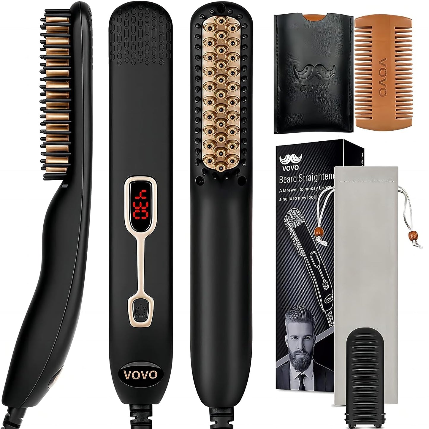 Beard Straightening Comb with Heat, 2-in-1 Hair Straightening Brush for Men, Portable and Anti-Burn, 6 Temperature Settings with LED Display - Ideal for Home and Travel