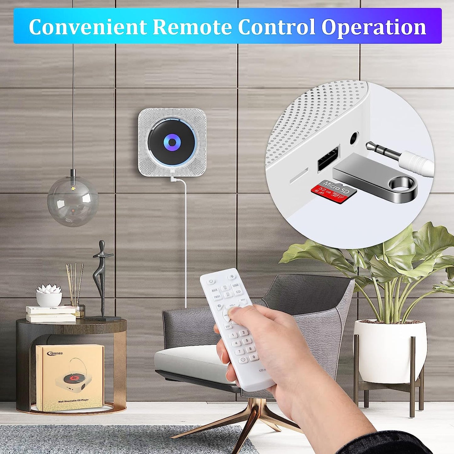 Portable CD Player with Bluetooth - Wall Mountable CD Music Player designed for home audio. Features include a Remote Control, FM Radio, Built-in HiFi Speakers, MP3 Compatibility, Headphone Jack, and AUX Input/Output.