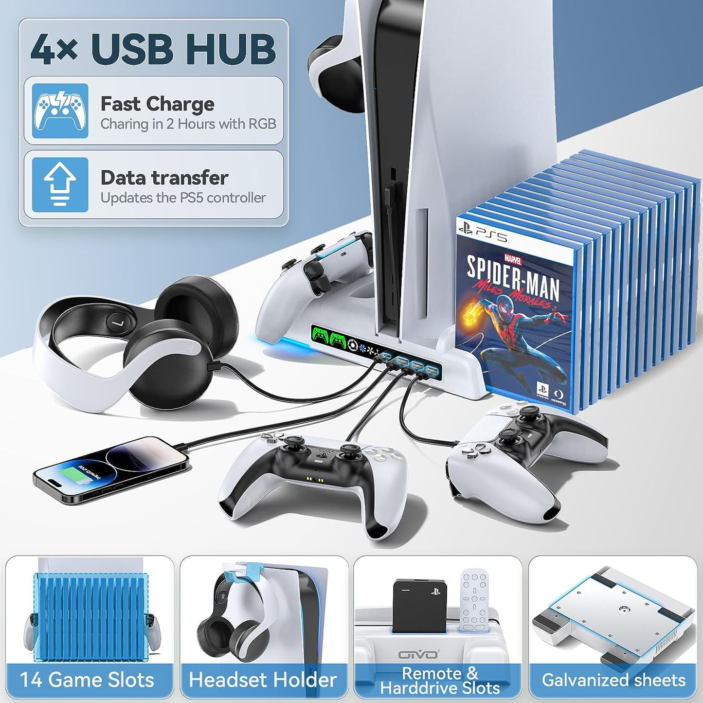 PS5 Console Stand with Suction Cooling Fan, Dual Controller Charger Station, and Game Storage - Includes Suction Cooler Fan, Charging Dock, and 2-IN-1 Cable