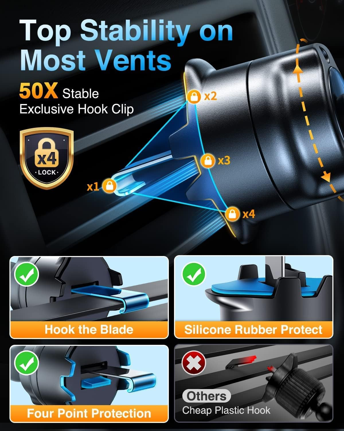 Universal Car Vent Phone Holder,【50X Strong Steel-Hook & Sturdy Shockproof, Car Phone Mount for iPhone 14 13 12 Pro Max & All Mobiles