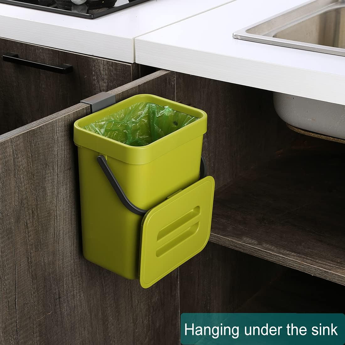 1.3 Gallon Kitchen Compost Bin: Designed for Countertop or Under Sink Use, with a Lid, Suitable for Hanging in Cupboards, Bathrooms, Camping, and Mounting Indoors - Green