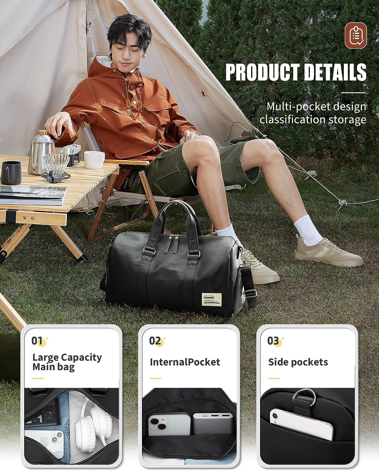 Waterproof Leather Gym Duffle Bag - Large Sports Bag for Travel - Features Shoes Compartment and Wet Bag - Suitable for Men and Women - Ideal for Weekends and Overnight Trips.