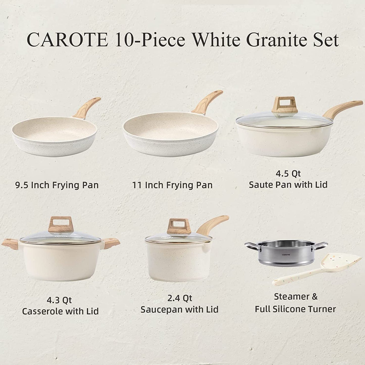 Nonstick Cookware Set with White Granite Finish, 10-Piece Induction Kitchen Cookware Set Including Frying Pans and Saucepans - PFOS and PFOA Free