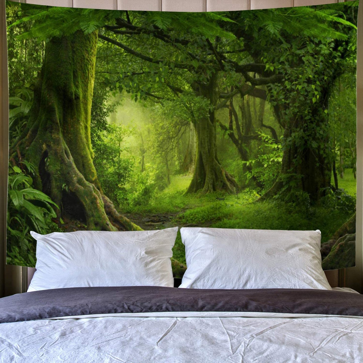 Virgin Forest Tapestry - Features Green Trees in Misty Forest - Nature Scenery Wall Hanging - Perfect for Living Room and Bedroom Decor.